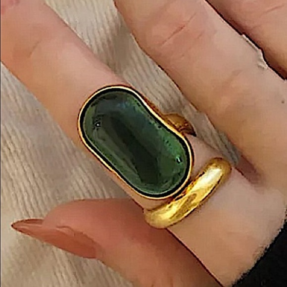 GOLD PLATED 18K VINTAGE EMERALD GREEN ADJUSTABLE RESIZABLE RING - Picture 2 of 3